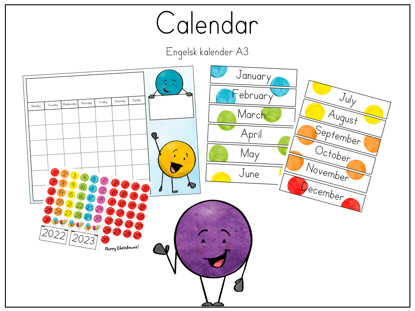 Calendar/Kalender – Engelsk kalender A3 – Enkel og fargeglad NY: bokmål og nynorsk lagt til!