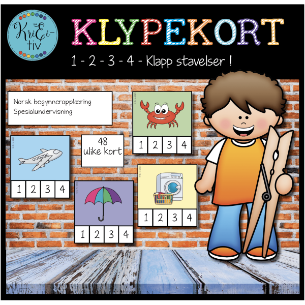 Klypekort Klapp stavelser 1-2-3-4 (NN + BM)