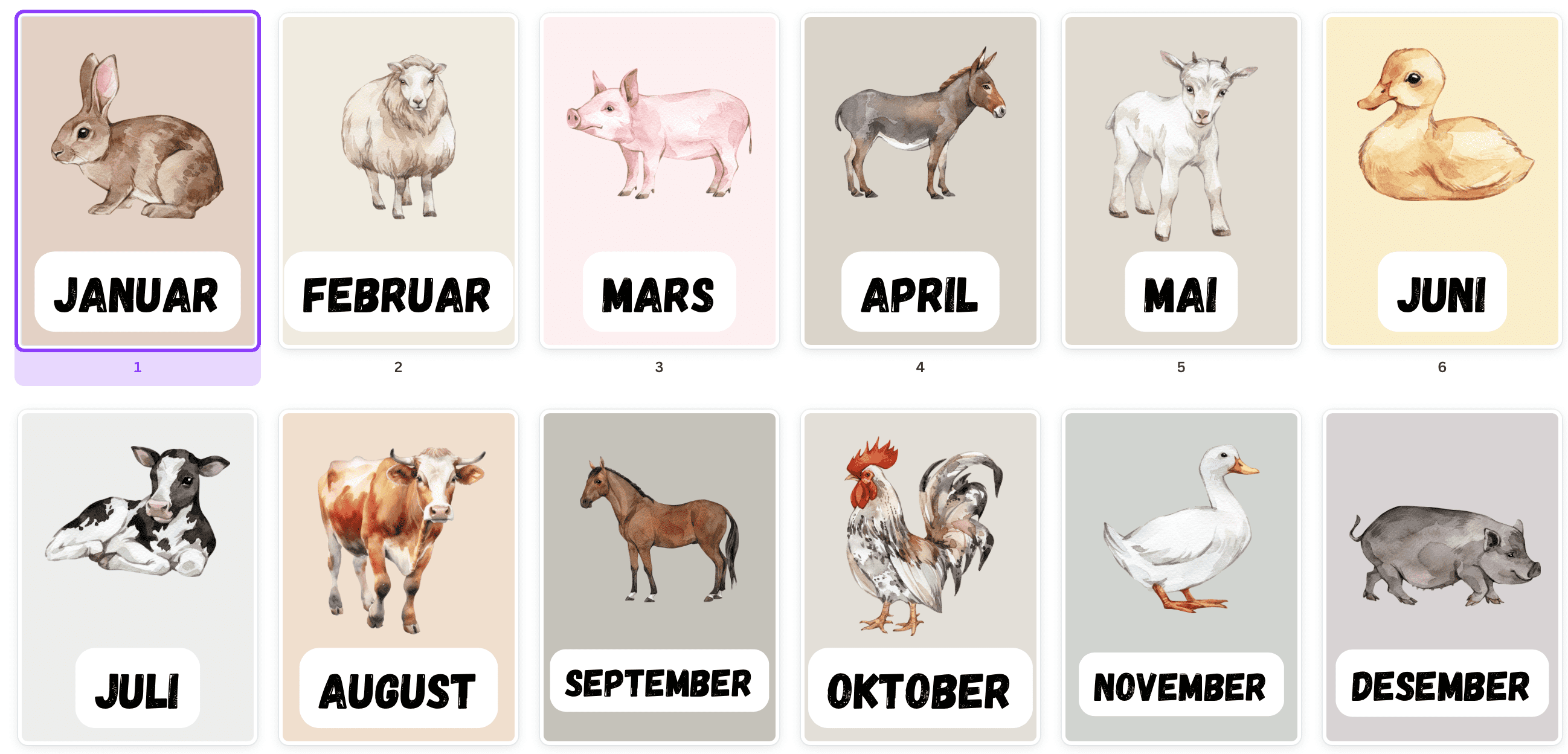 12 plakater med alle månedene i året / kalender / dyremotiv