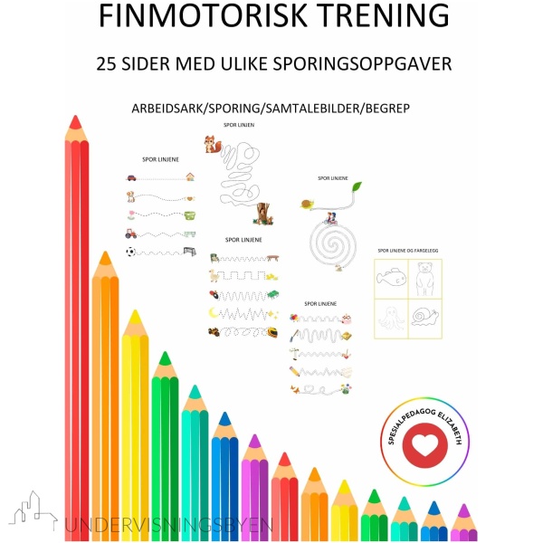 25 sider finmotorisk trening, arbeidsark med ulike typer sporing