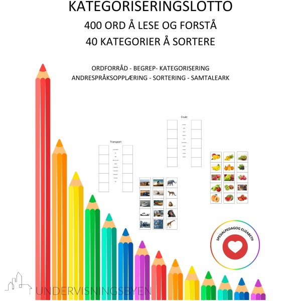 Kategoriseringslotto, 40 kategorier å sortere, 400 ord å lese og forstå
