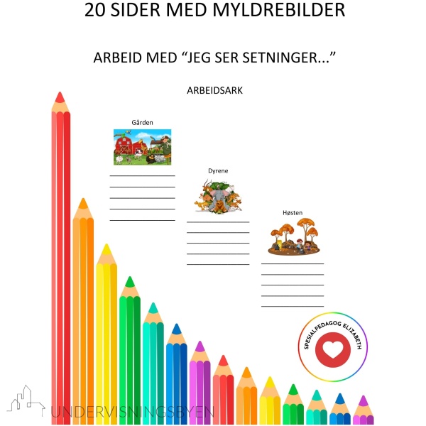 20 sider med myldrebilder for å skrive "jeg ser setninger"