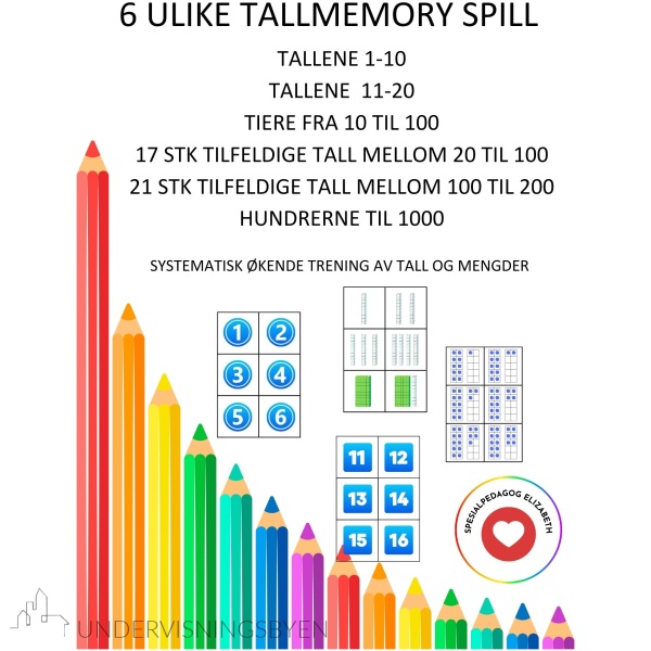 6 ulike tallmemory spill, tall- og mengde forståelse opp til 1000, ulike mengde visualiseringer