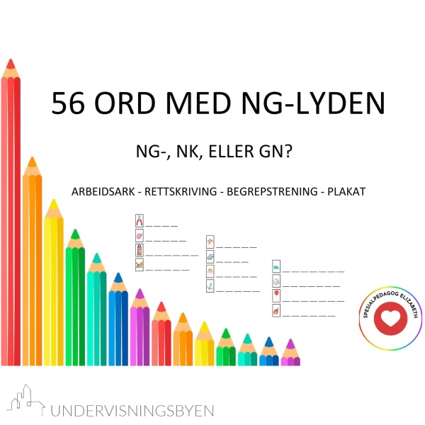 56 ord med ng-lyden - arbeidsark/rettskriving/begrep