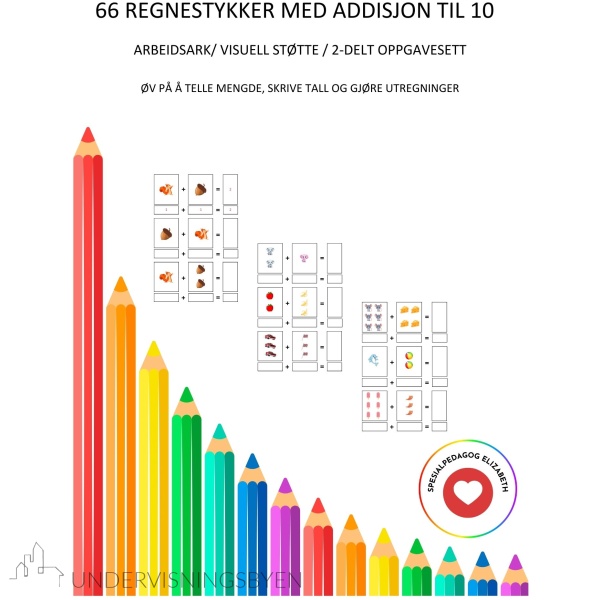 66 regnestykker med addisjon til 10 - arbeidsark med visuell støtte