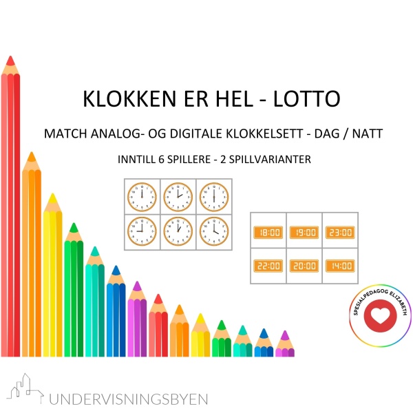 Klokken er hel - lotto spill, match analog og digital klokketid