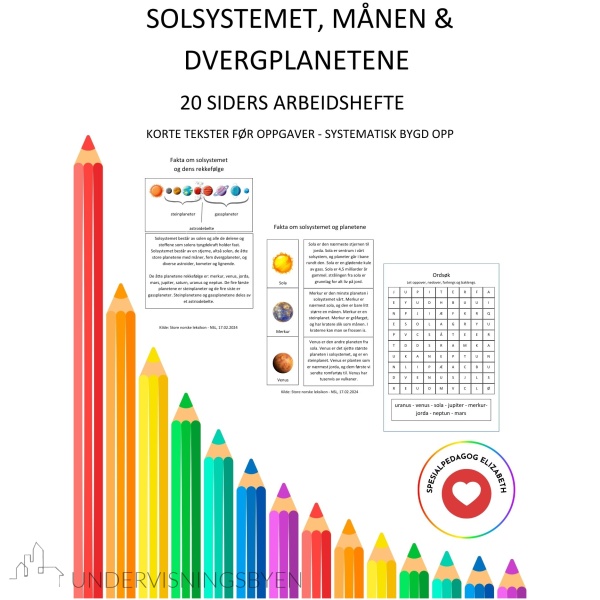 Solsystemet, månen og dvergplanetene - korte tekster til hvert emne før oppgaver - arbeidshefte