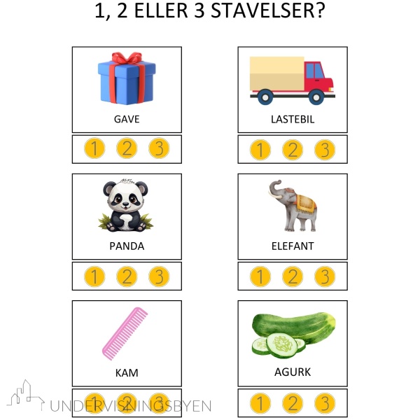 Stavelser, 90 bilder/ord for å øve stavelser, 15 sider med arbeidsark - Bilde 4