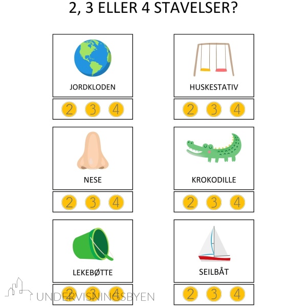 Stavelser, 90 bilder/ord for å øve stavelser, 15 sider med arbeidsark - Bilde 6