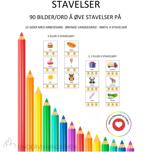 Stavelser, 90 bilder/ord for å øve stavelser, 15 sider med arbeidsark