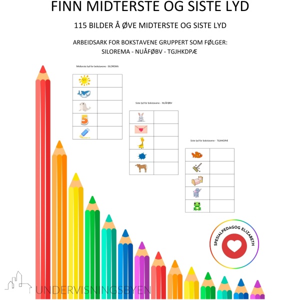 Finn midterste- og siste lyd - 115 bilder å finne midt og siste lyd til for bokstavgruppene - SILOREMA - NUAFØBV - TGJHKDPÆ