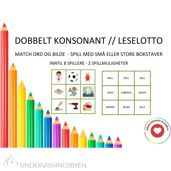 Dobbelt konsonant/ leselotto, små eller store bokstaver , inntil 8 spillere