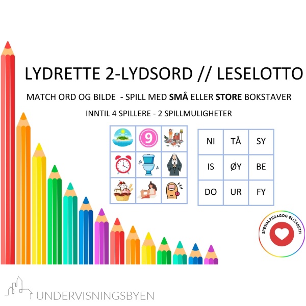 Lydrette 2-lydsord / leselotto, små eller store bokstaver , inntil 4 spillere