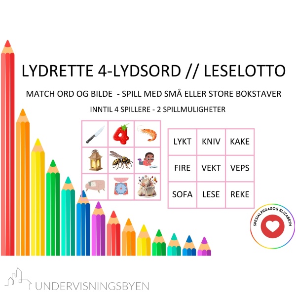 Lydrette 4-lydsord / leselotto, små eller store bokstaver , inntil 4 spillere