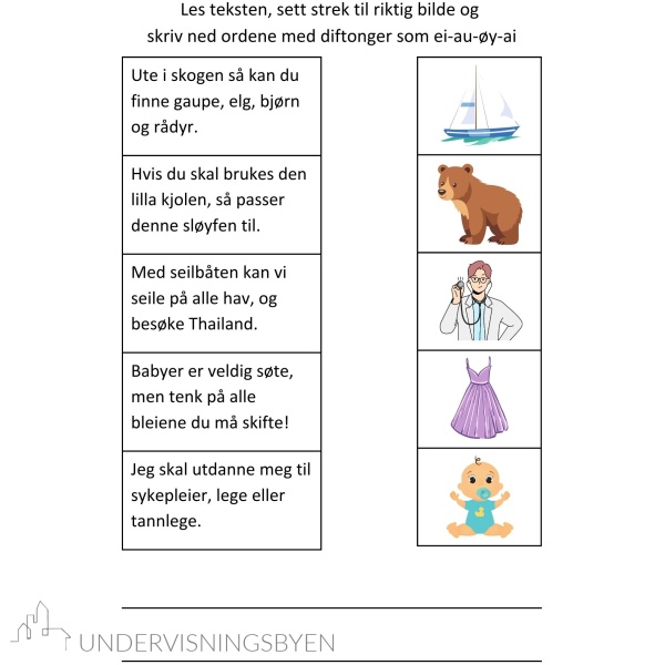 10 arbeidsark med setninger og leseforståelse med diftonger - les - sett strek - skriv ordene - Bilde 4