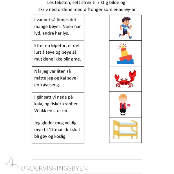 10 arbeidsark med setninger og leseforståelse med diftonger - les - sett strek - skriv ordene - Bilde 6