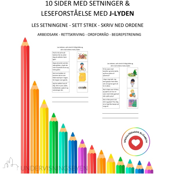 10 arbeidsark med setninger og leseforståelse med j-lyden - les - sett strek - skriv ordene