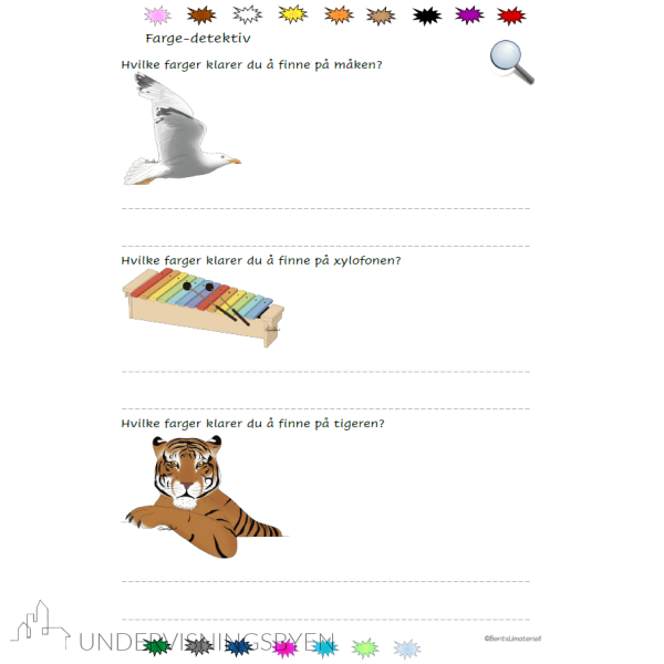 Ord og begreper - oppgaveark, preposisjoner/form/symboler/farger