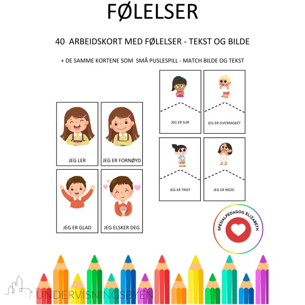 Følelser - 40 arbeidskort og puslespill med følelser i bilde og tekst