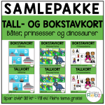 SAMLEPAKKE – Tall- og bokstavkort – Båter, prinsesser og dinosaurer