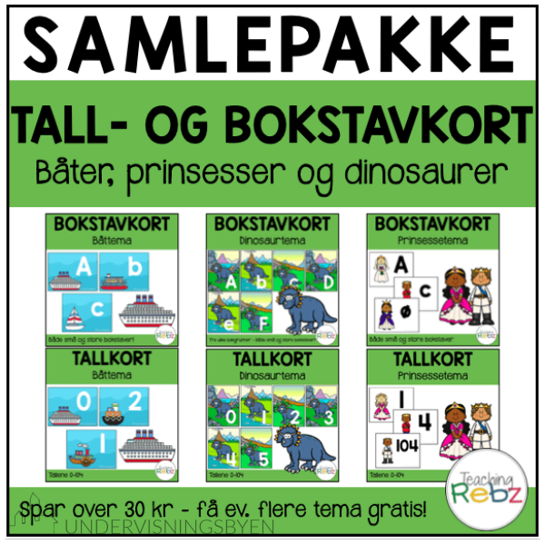 SAMLEPAKKE - Tall- og bokstavkort - Båter, prinsesser og dinosaurer