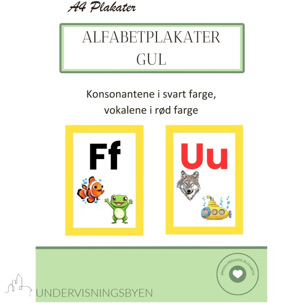 Alfabetplakater - røde vokaler /svarte konsonanter - gult design