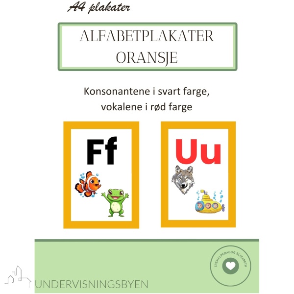 Alfabetplakater - røde vokaler /svarte konsonanter - Oransje design