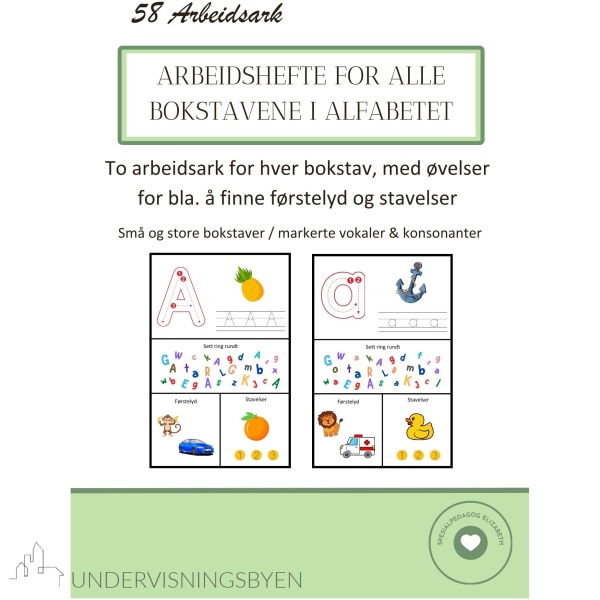 Bokstavhefte for hele alfabetet med førstelyd og stavelser - vokaler /konsonanter