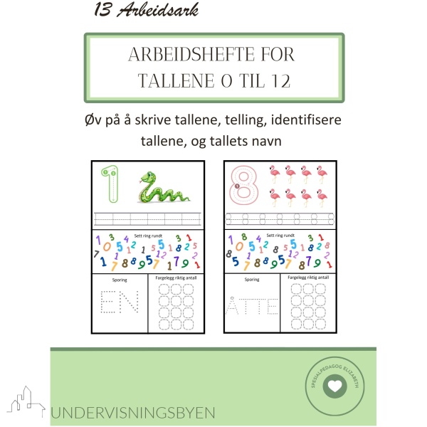 Tallhefte med tallene 0 til 12, telling, sporing, identifisering og fargelegging av tall