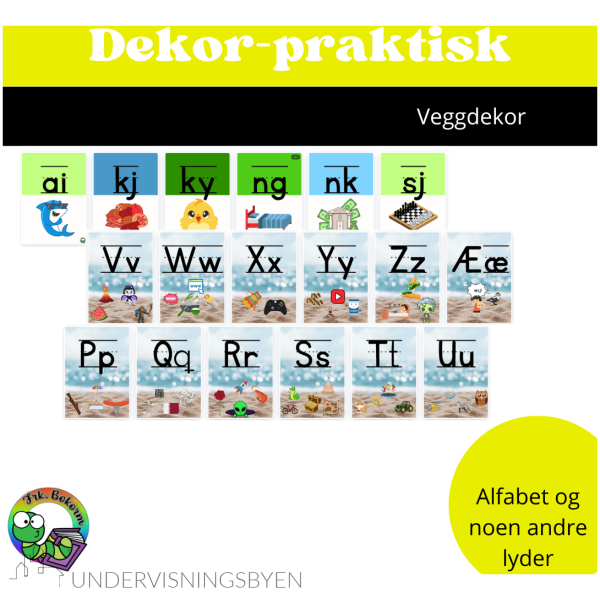 Alfabet strandtema, + andre lyder i grønt/blått