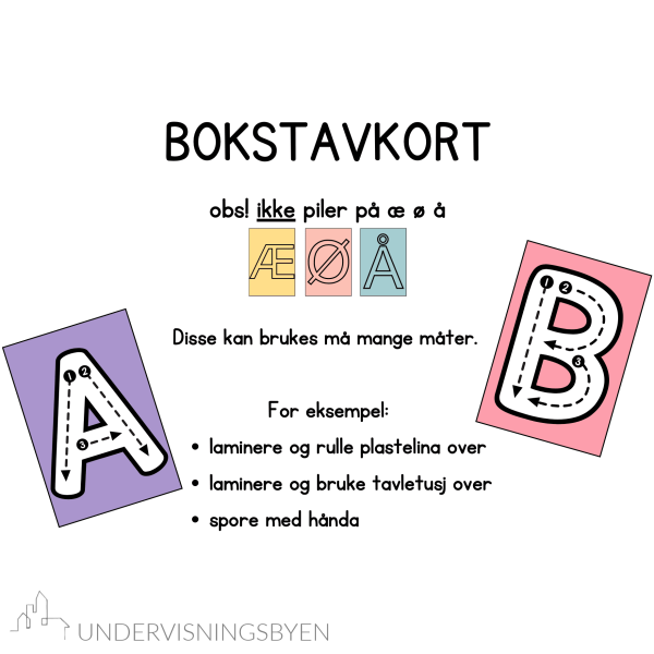 Bokstavkort til sporing / plastelina / obs: ikke piler på æ, ø og å!