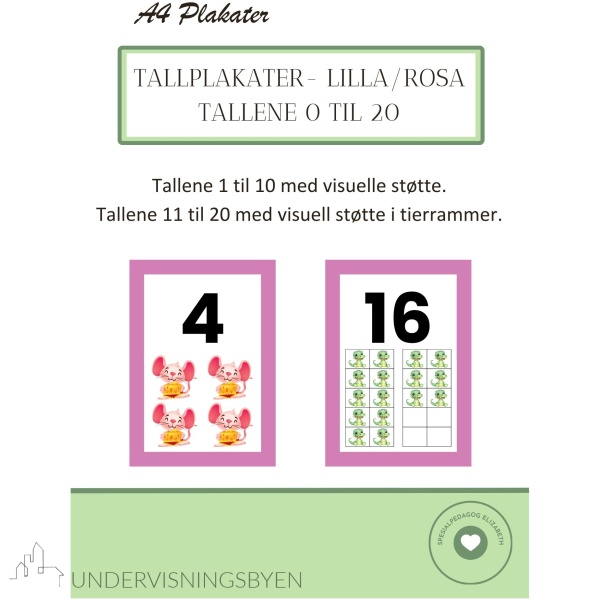 Tallplakater - tallene 0 til 20 - lilla/rosa design