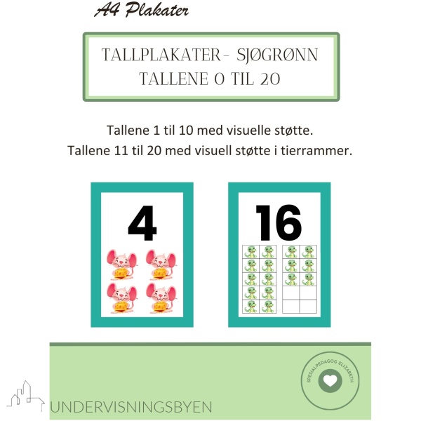 Tallplakater - tallene 0 til 20 - sjøgrønt design