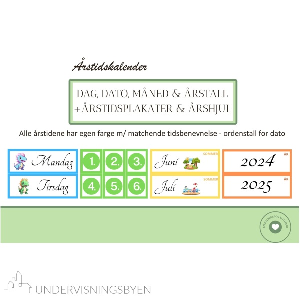 Årtidskalender - dag, dato, måned, årstall + årstidsplakater & årshjul