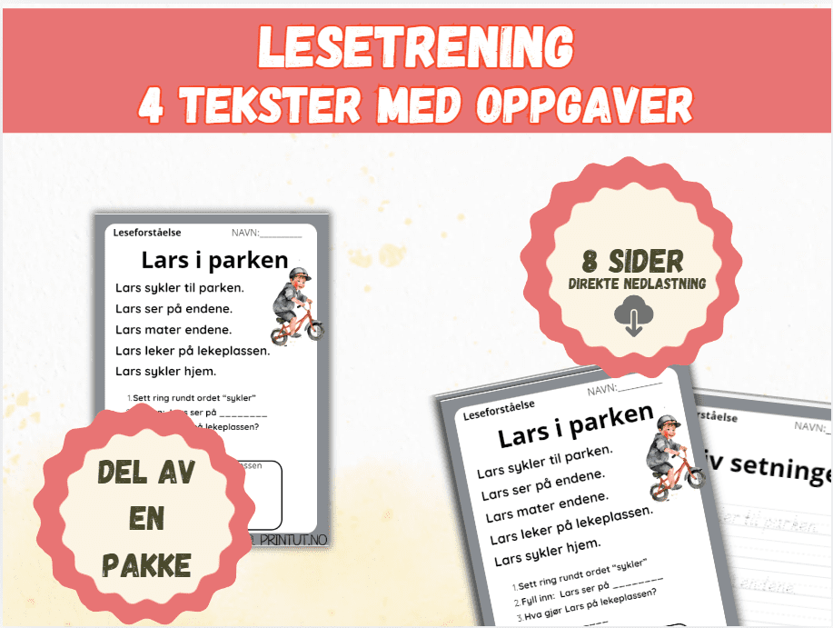 Lesetrening (1) – 4 tekster med oppgaver (8 sider), del av en pakke