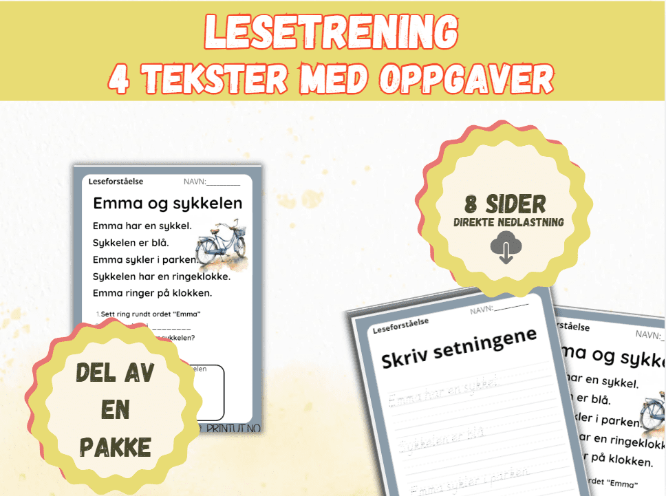 Lesetrening (2) – 4 tekster med oppgaver (8 sider) – del av en pakke