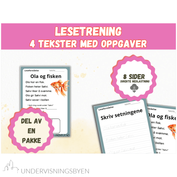Lesetrening (3) - 4 tekster med oppgaver (8 sider), del av en pakke