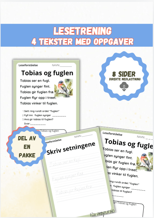 Lesetrening (4) – 4 tekster med oppgaver (8 sider), del av en pakke