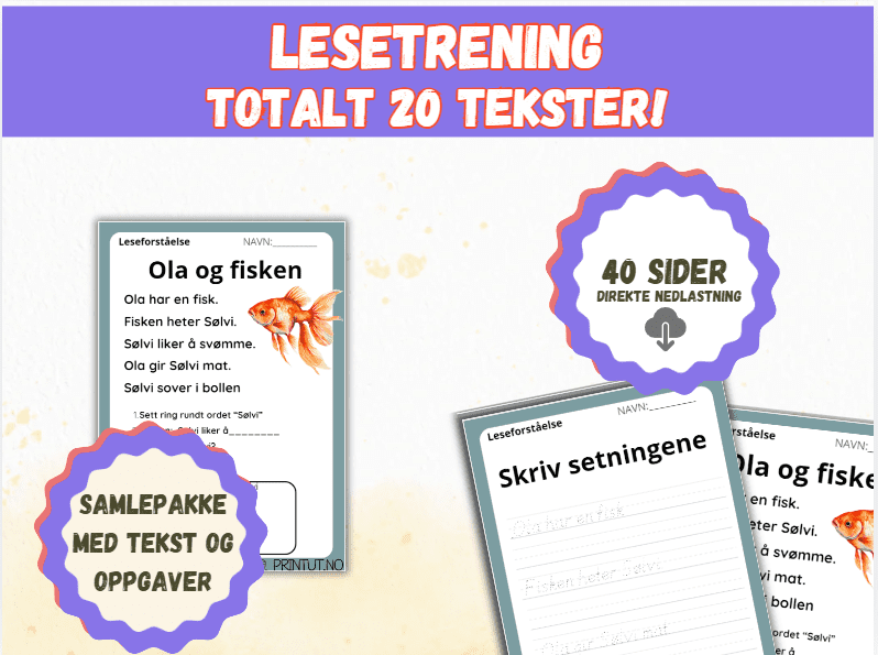 SAMLEPAKKE – lesetrening – 20 tekster/40 sider!