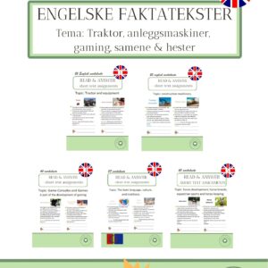 SAMLEPAKKE: 5 engelske arbeidshefter m/ tema: traktor, anleggsmaskiner, gaming, samene og hester