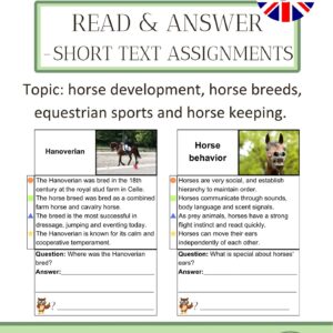 Read & answer 5 - short text assignments - horse development, horse breeds etc