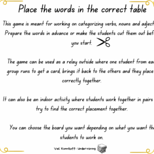 Grammar game – categorizing verbs, adjectives and nouns