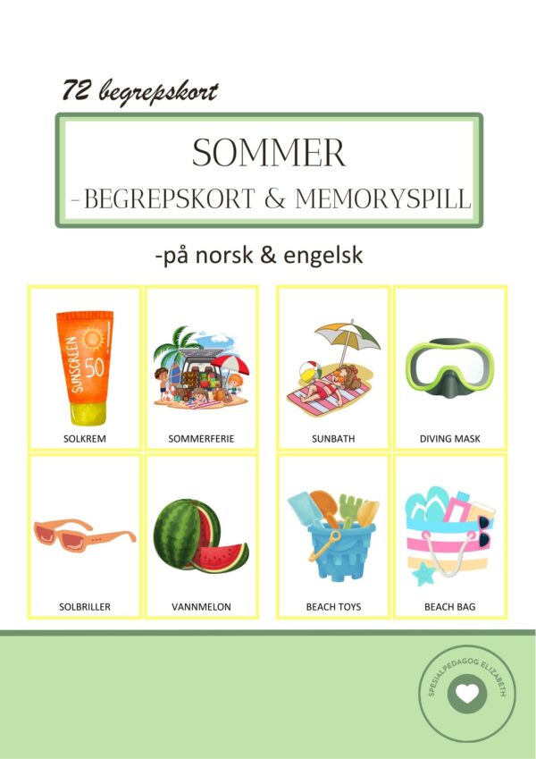 Sommer - begrepskort og memoryspill - på norsk & engelsk