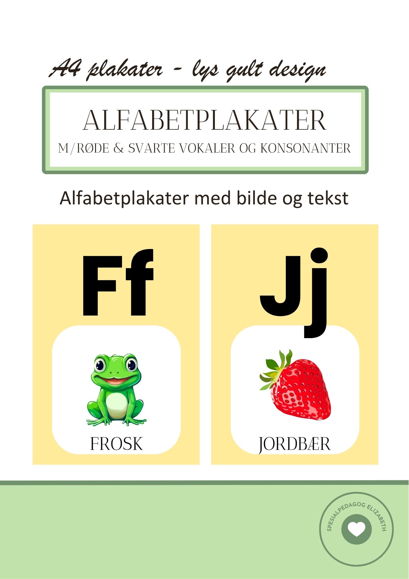 Alfabetplakater - med røde og svarte vokaler og konsonanter - gult design