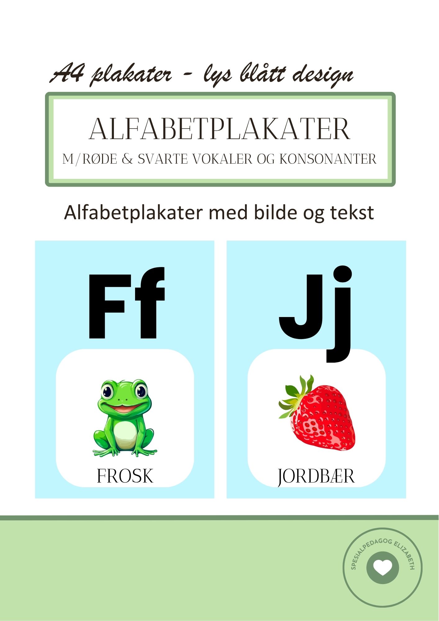 Alfabetplakater - med røde og svarte vokaler og konsonanter - lys blått ...