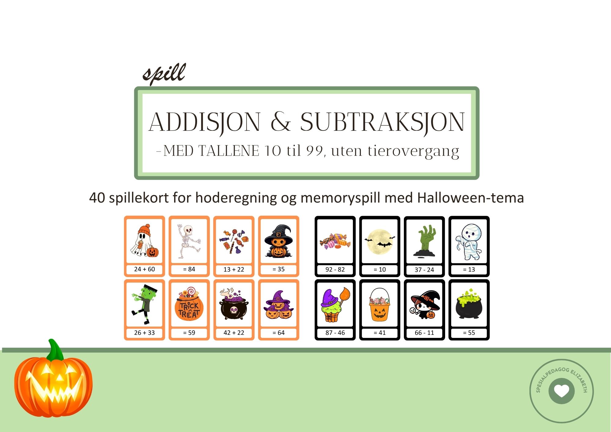 Halloween memory - addisjon og subtraksjon med tallene 10 til 99, uten ...