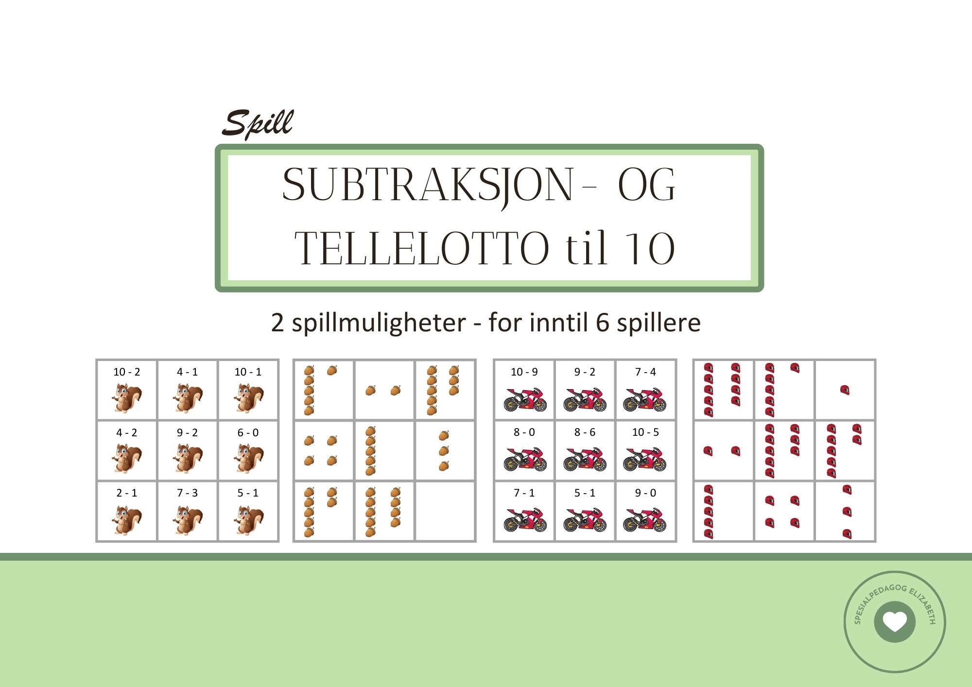 Subtraksjon- og tellelotto, subtraksjon- og telling med tallene opp til ...
